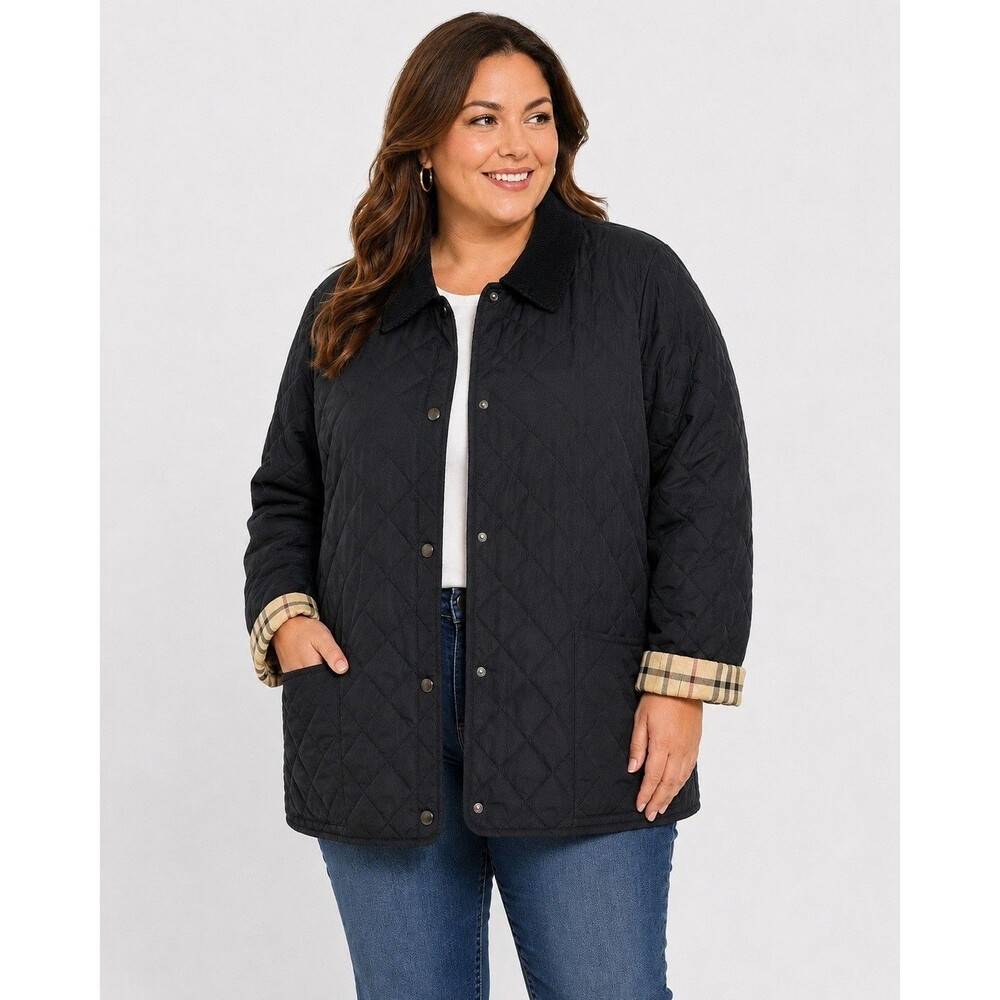 Vintage Tally-Ho 3X Black Quilted Jacket Plaid Lined Snap Front Pockets